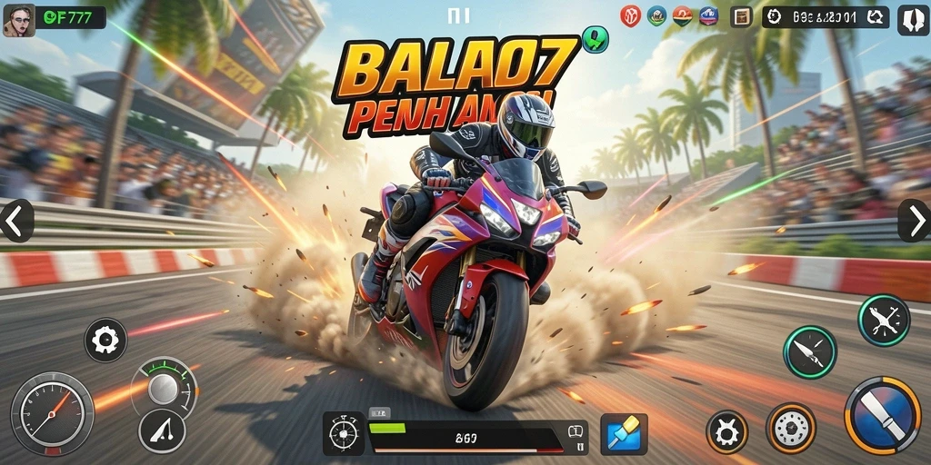 Screenshot PF777 menunjukkan aksi balapan motor yang mendebarkan.