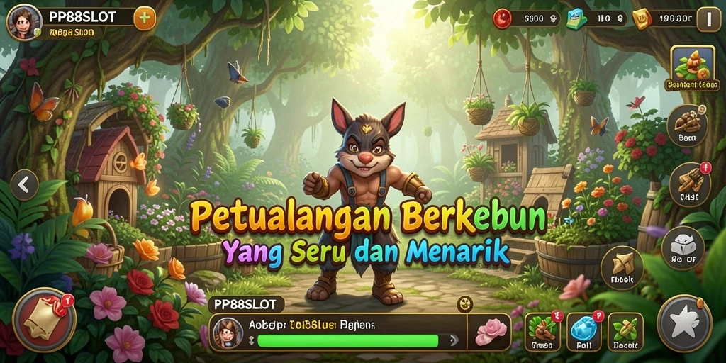 Screenshot gameplay PP88SLOT menampilkan kebun yang penuh warna dan interaksi pemain.